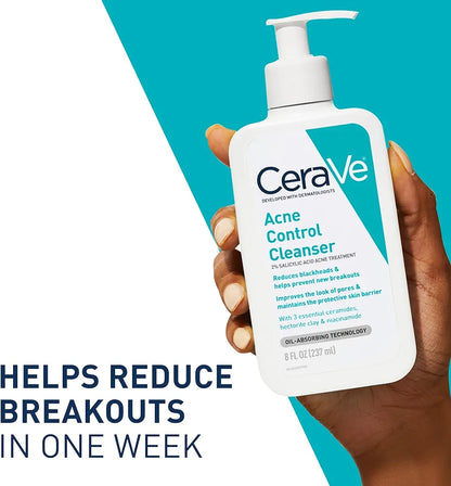 CeraVe Face Wash Acne Treatment Salicylic Acid Cleanser with Purifying Clay for Oily Skin Blackhead Remover and Clogged Pore Control 8 Ounce, multi, 8 Fl Oz, 237 ml 