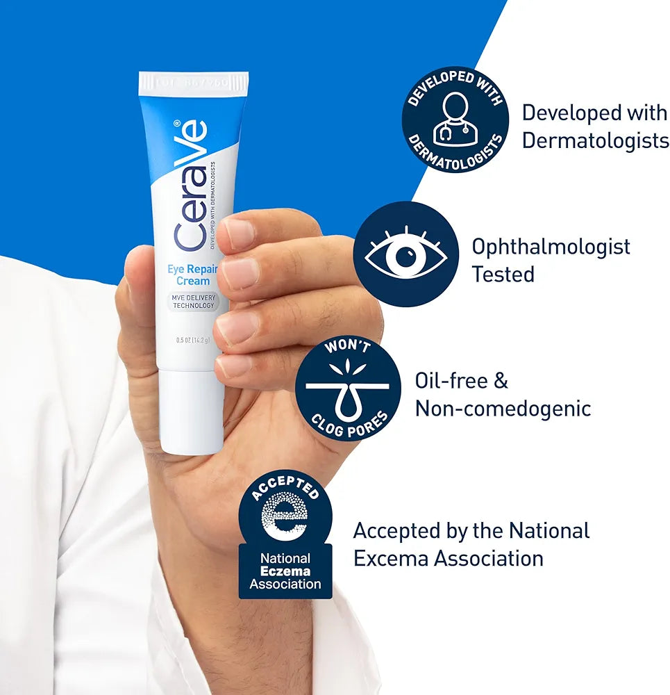 CeraVe Eye Repair Cream | Under Eye Cream for Dark Circles and Puffiness Delicate Skin Under Eye Area with Hyaluronic acid and Ceramides | Non-comedogenic, Fragrance Free | 0.5Oz, 14 ML