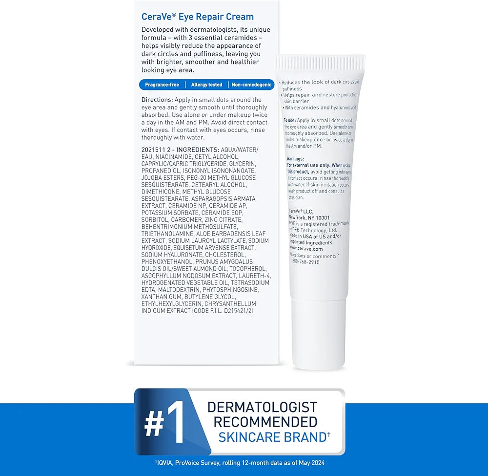 CeraVe Eye Repair Cream | Under Eye Cream for Dark Circles and Puffiness Delicate Skin Under Eye Area with Hyaluronic acid and Ceramides | Non-comedogenic, Fragrance Free | 0.5Oz, 14 ML