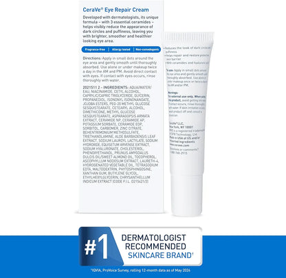 CeraVe Eye Repair Cream | Under Eye Cream for Dark Circles and Puffiness Delicate Skin Under Eye Area with Hyaluronic acid and Ceramides | Non-comedogenic, Fragrance Free | 0.5Oz, 14 ML